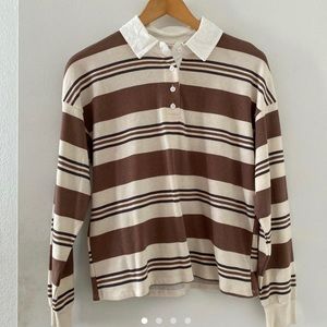 brown and white striped, collared long
sleeve shirt🤎